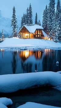 Oświetlony dom nad jeziorem Emerald Lake zimową porą