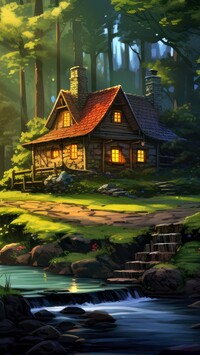 Oświetlony dom w lesie nad strumieniem