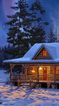 Oświetlony domek zimą