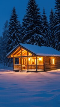 Oświetlony nocą drewniany dom pod ośnieżonymi drzewami