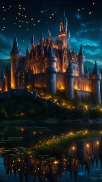 Oświetlony zamek z wieżami