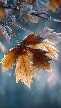 Oszronione jesienne liście na gałązce