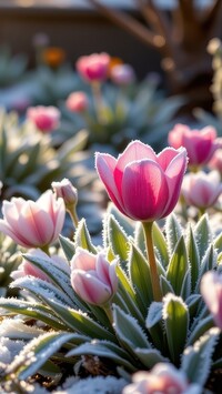 Oszronione różowo-białe tulipany w ogrodzie