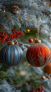 Ozdobna czerwona i niebieska bombka na świerkowych gałązkach