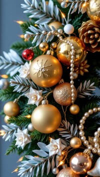 Ozdoby i złote bombki na świątecznym wieńcu