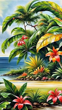 Palmy i kwiaty na plaży w grafice