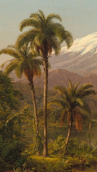 Palmy nad jeziorem na tle gór na obrazie Frederica Edwina