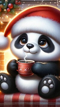 Panda w świątecznej czapce z kubkiem