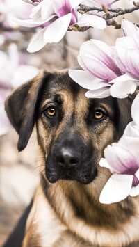 Pies pod kwiatami magnolii