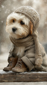 Pies w zimowym ubranku na ośnieżonej ławce