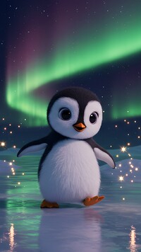 Pingwin na lodzie na tle zorzy polarnej