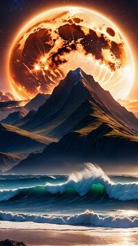 Planeta i góry nad wzburzonym morzem