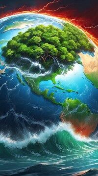 Planeta z drzewami na morskich falach