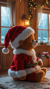 Pluszowy miś w czapce Mikołaja i kożuszku siedzący na dywanie