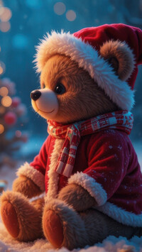 Pluszowy miś w czapce Mikołaja i kożuszku siedzący na śniegu