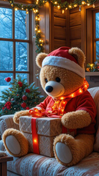 Pluszowy miś w czapce Mikołaja z prezentem na kanapie