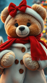 Pluszowy miś w płaszczu i szaliku oraz opaską z czerwoną kokardą na głowie