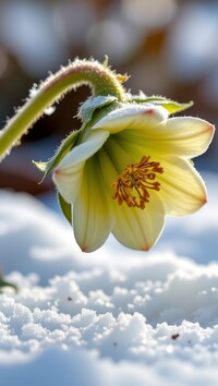 Pochylony kwiat ciemiernika nad śniegiem
