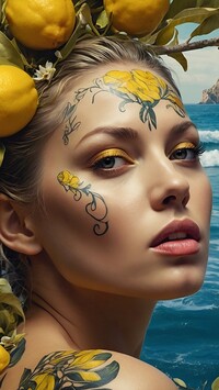 Pomalowana twarz kobiety z gałązkami i cytrynami na głowie