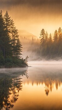Poranna mgła nad drzewami i jeziorem