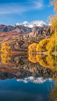 Pożółkłe drzewa nad jeziorem Lac de la Roche de Rame