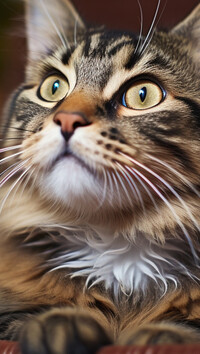 Pręgowany kot z dużymi oczami patrzący w górę