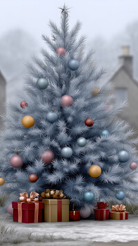 Prezenty na śniegu pod choinką na tle domów