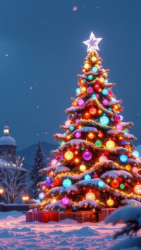 Prezenty na śniegu pod udekorowaną choinką z gwiazdą