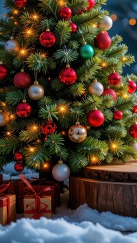 Prezenty pod choinką udekorowaną kolorowymi bombkami