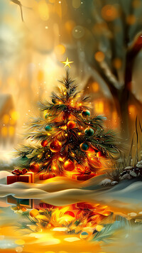 Prezenty pod małą choinką na tle drzew w grafice