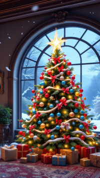 Prezenty pod udekorowaną choinką przy oknie