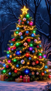 Prezenty pod udekorowaną choinką w ogrodzie nocną porą