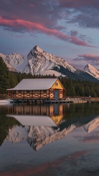 Przystań nad jeziorem Maligne Lake w Kanadzie