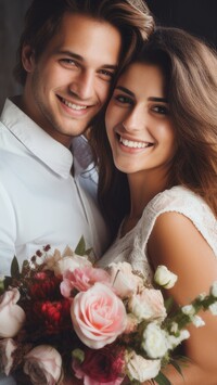 Przytulona para z bukietem róż