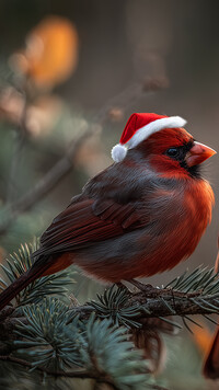 Ptak kardynał w czapce Mikołaja na iglastej gałązce