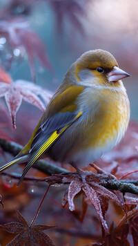 Ptak na oszronionych liściach na gałązce