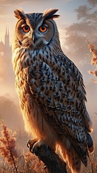 Puchacz na konarze wśród pożółkłych traw