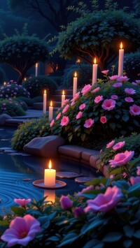 Różowe kwiaty i zapalone świece przy oczku wodnym w ogrodzie