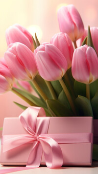 Różowe pudełko z prezentem i różowe tulipany