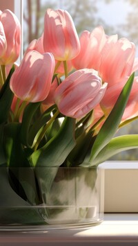 Różowe tulipany w wazonie przy oknie