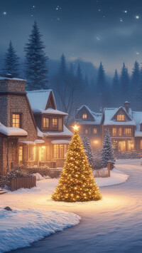 Rozświetlona choinka i oświetlone nocą domy przy zaśnieżonej drodze