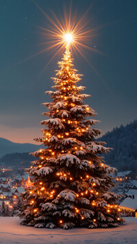 Rozświetlona ośnieżona choinka z gwiazdą