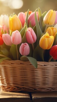 Rozświetlone kolorowe tulipany w koszyku