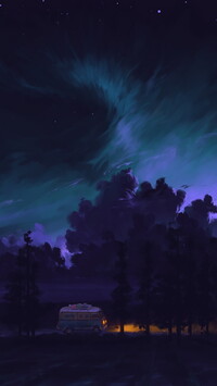 Rozświetlone nocą niebo nad lasem