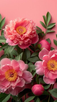 Rozwinięte różowe piwonie na różowym tle