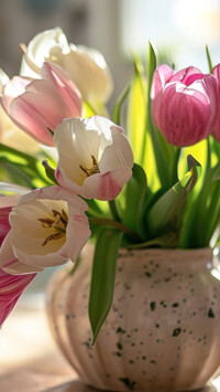 Rozwinięte rozświetlone tulipany w wazonie