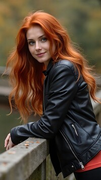 Rudowłosa kobieta w skórzanej kurtce przy balustradzie