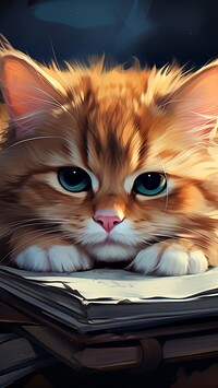 Rudy kotek leżący na książce
