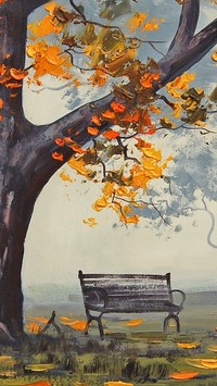 Rysunek ławki obok jesiennego drzewa