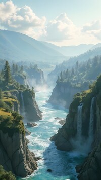 Rzeka w wąwozie i wodospady na zalesionych skałach